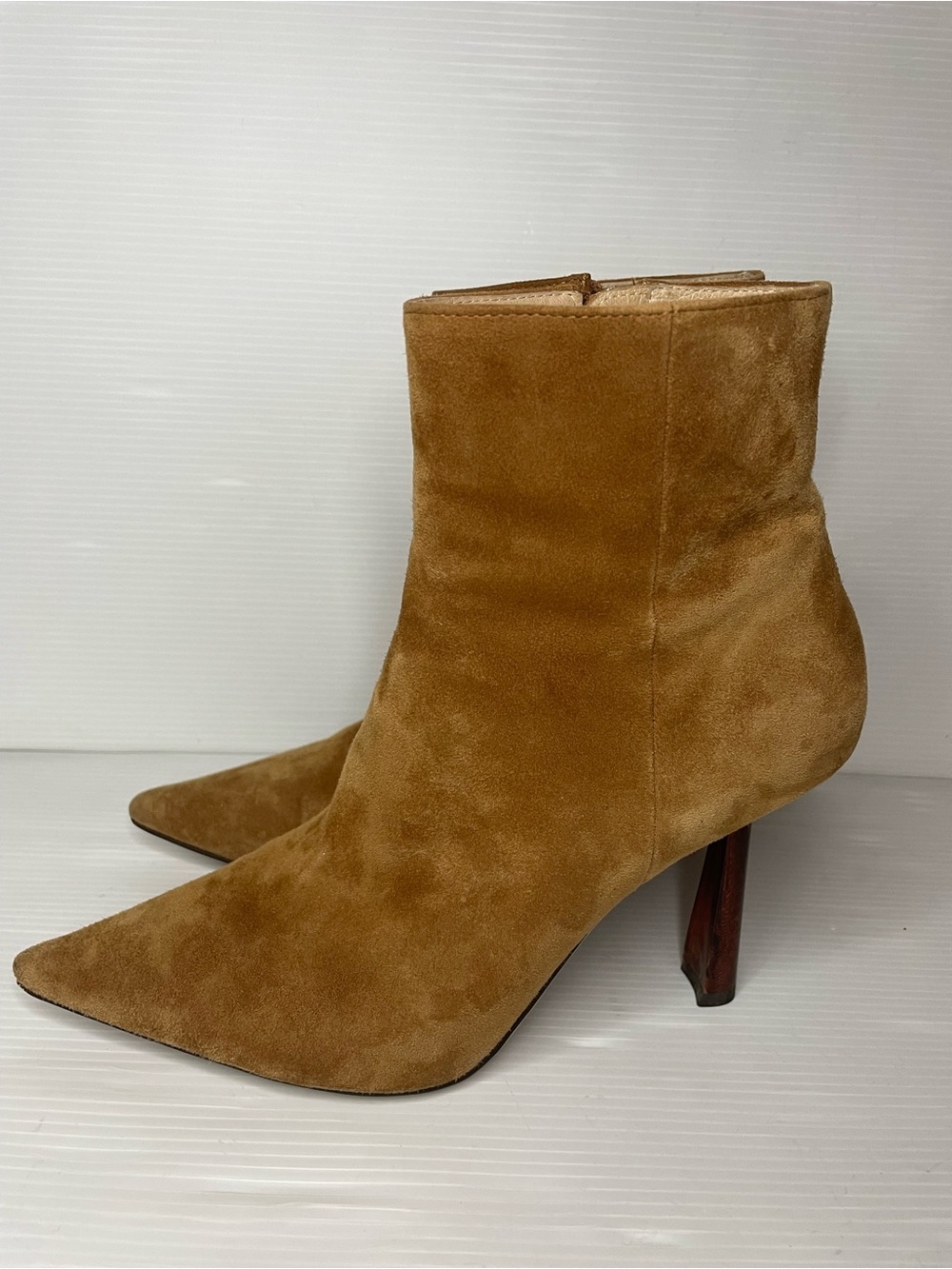 Lola Cruz Camel Suede Ankle Boots Stiletto Square Heel Pointed Toe SZ 37 US 6.5